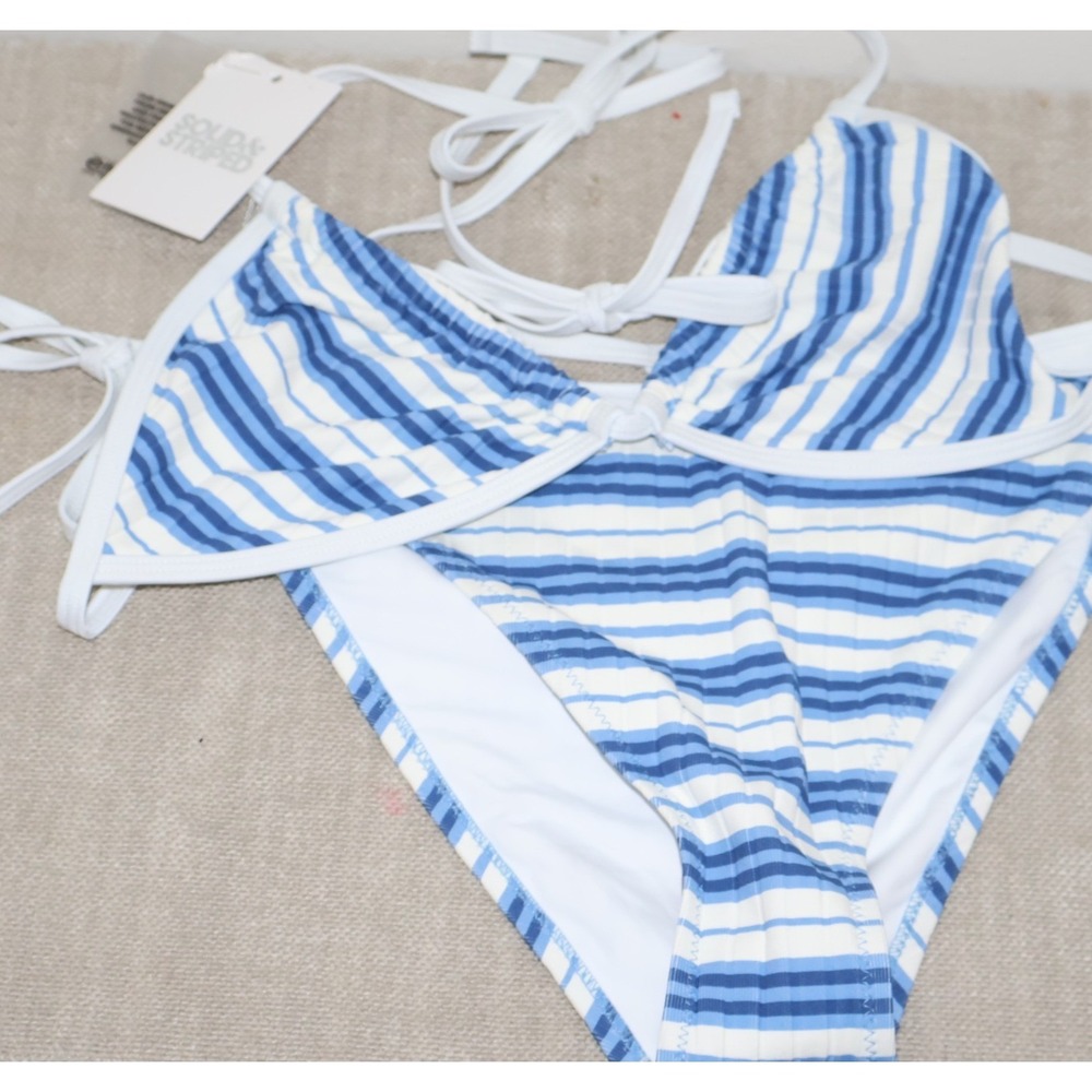 SOLID & STRIPED Bikini Set Size Large Blue White Striped The Iris Top Bottom - Picture 2 of 8